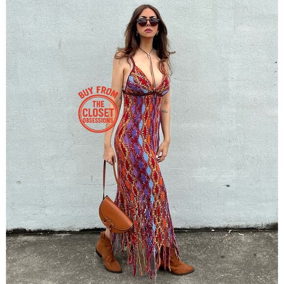 ZARA V-Neck Fringe Hem Multicolor Midi Dress NWT | Size M/L - Picture 8 of 16